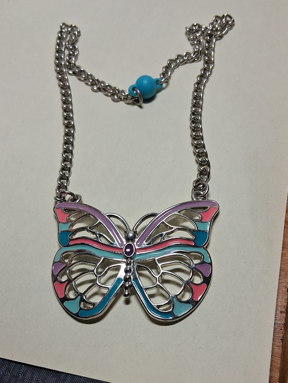 Silver Butterfly Pendant Necklace with Pink, Blue & Purple Enamel